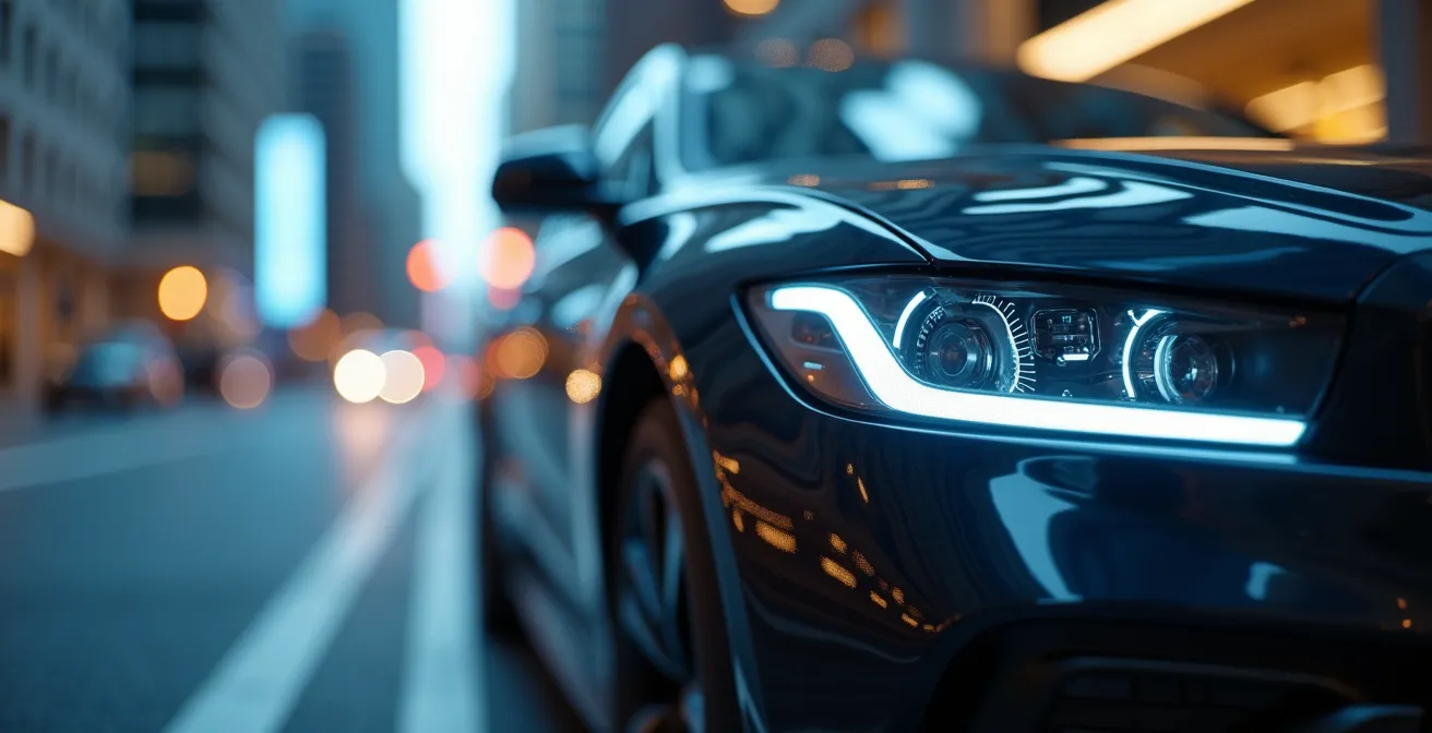 Una escena dinámica que muestra un coche moderno con un fondo urbano y un elemento visual simbólico que representa la flexibilidad temporal, como un reloj o calendario estilizado