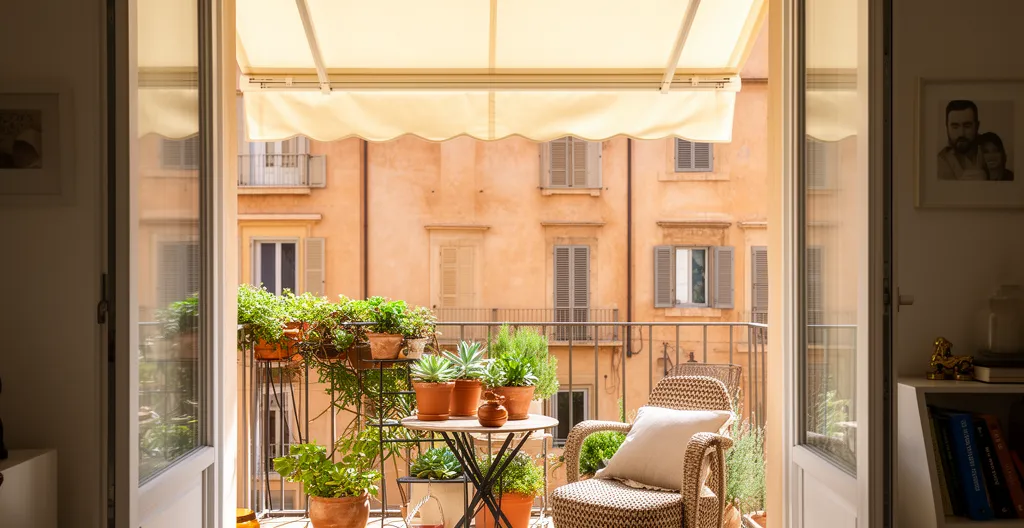 Balcón pequeño de piso con toldo logia creando zona de sombra aprovechable
