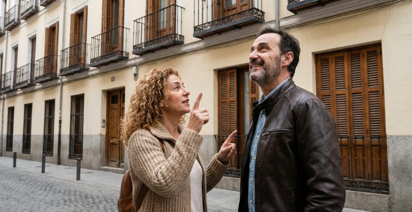 Pareja española evaluando fachada de edificio de apartamentos para valoración inmobiliaria