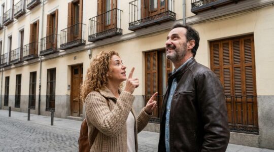 Pareja española evaluando fachada de edificio de apartamentos para valoración inmobiliaria