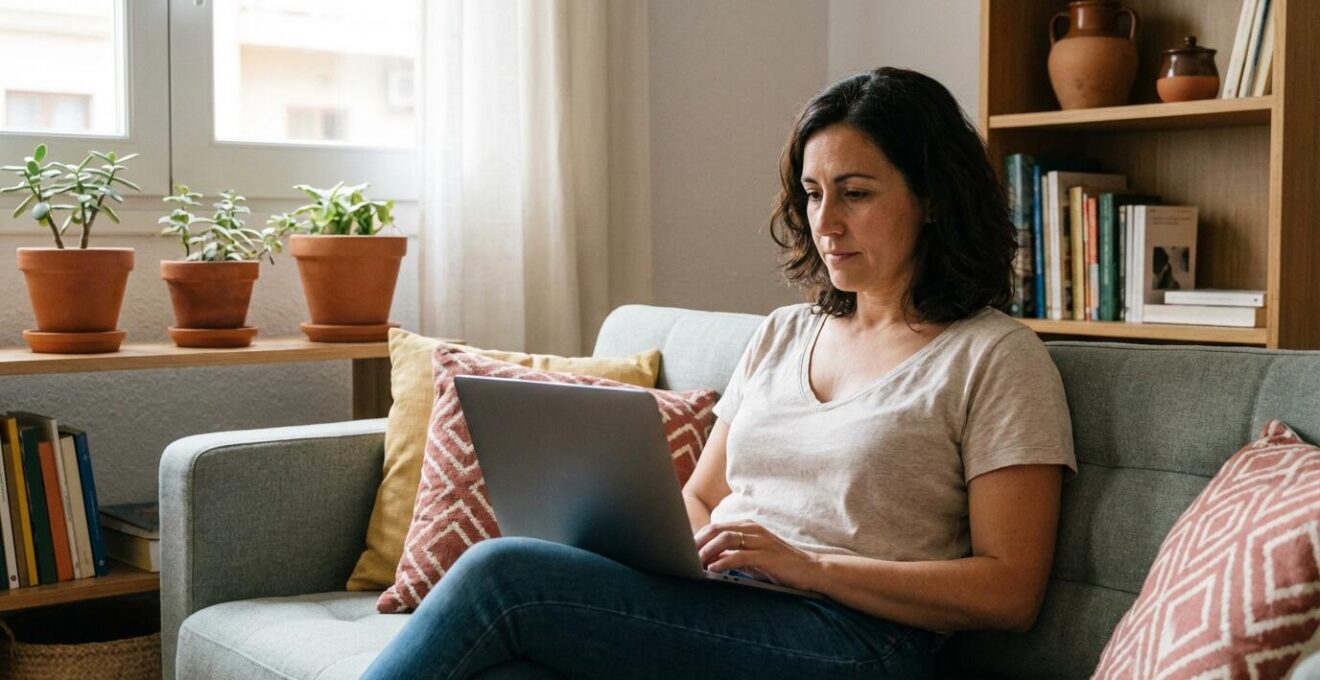 Mujer española usando ordenador portátil en salón para consultar valoración online de vivienda