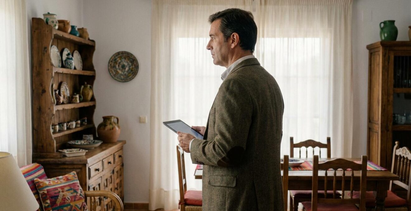 Tasador oficial español inspeccionando salón de vivienda con tablet para valoración inmobiliaria