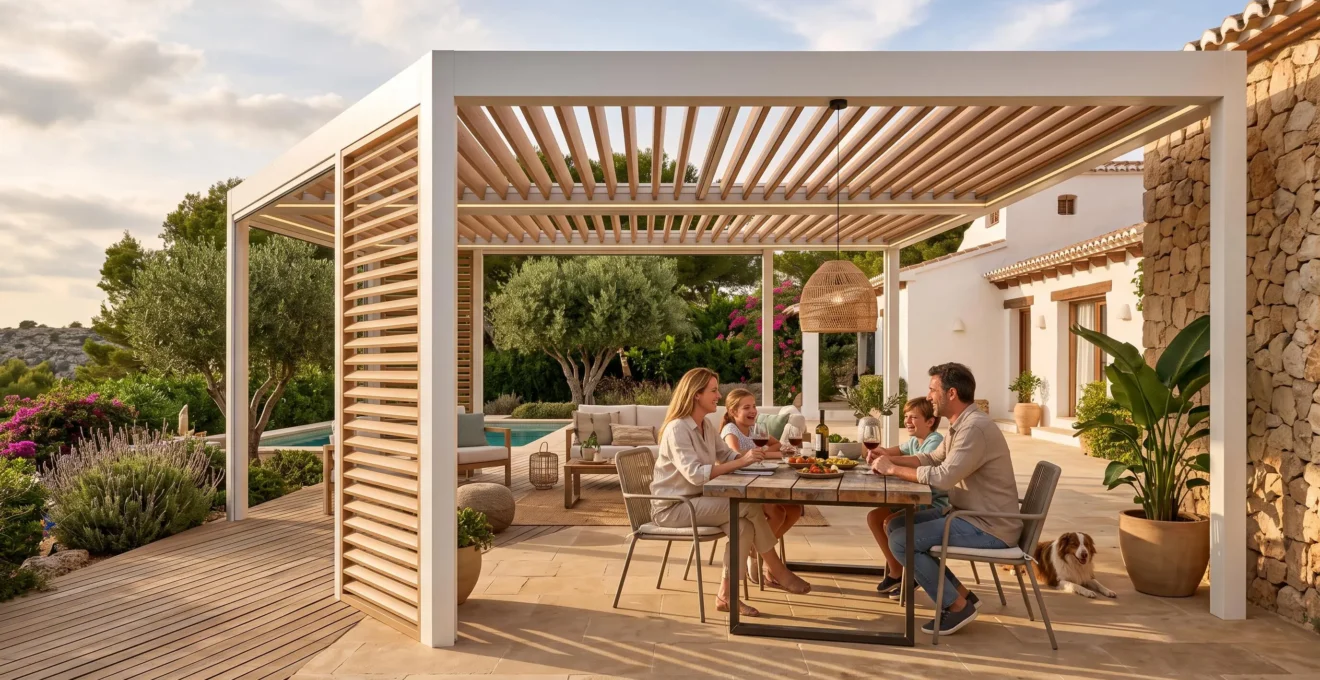 Pérgola bioclimática moderna ampliando el espacio habitable en una vivienda residencial.
